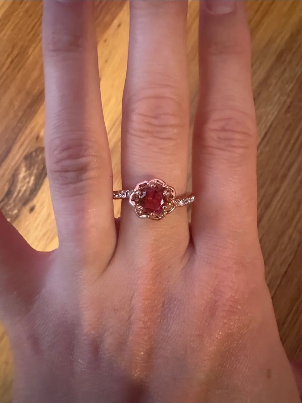 Rose Gold Ring with Red Center Stone